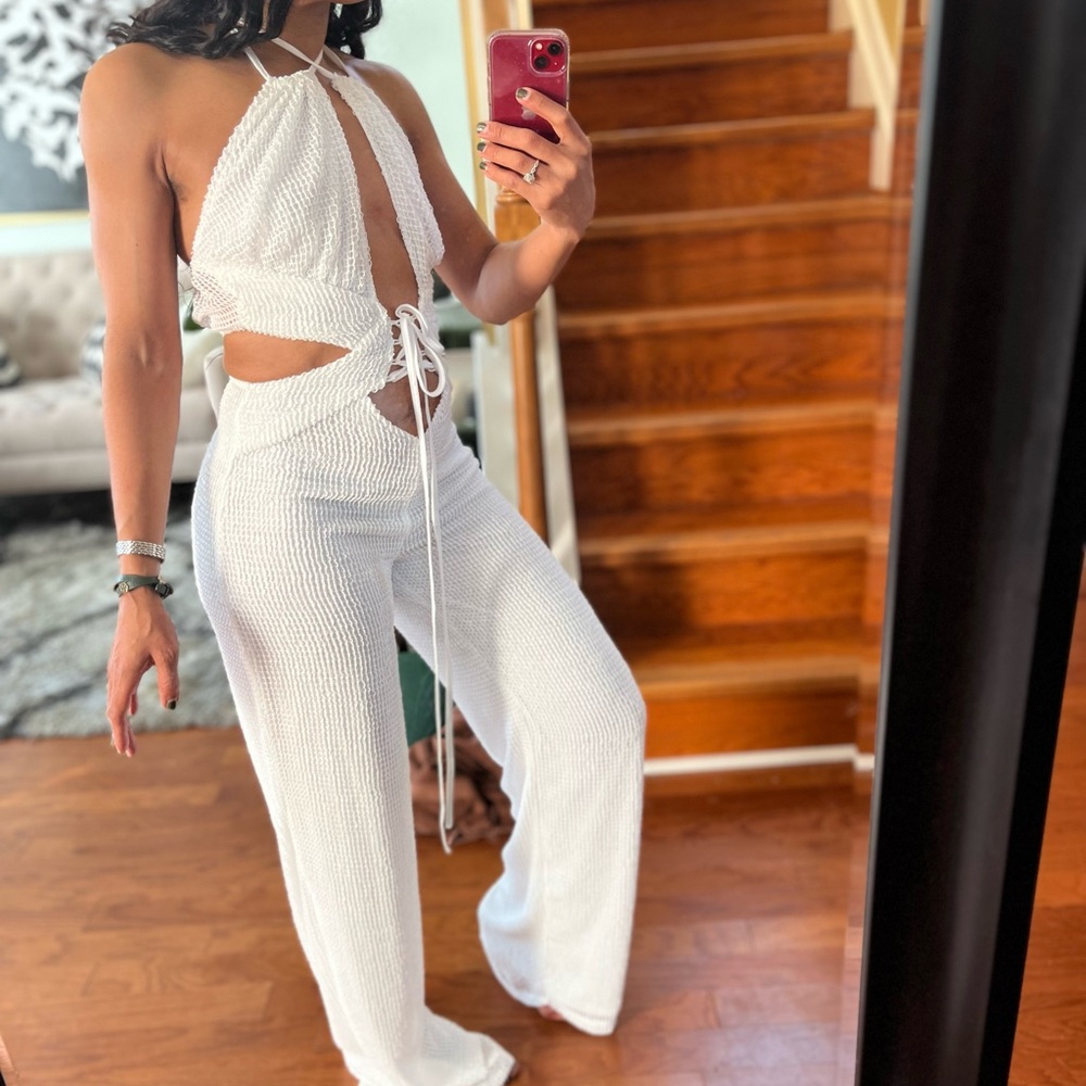 Fashion Nova White Fishnet Jumpsuit